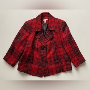 JM Collection Black Red Plaid Wool Blend Tweed Style Lined Blazer Women’s 14